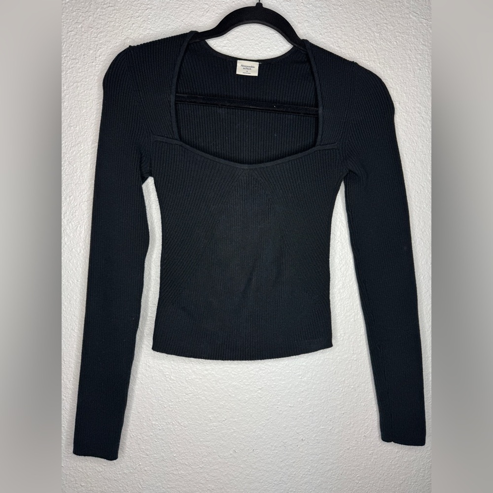Abercrombie Slim Long-Sleeve Portrait Neck Top Black Ribbed Sweater Womens S
